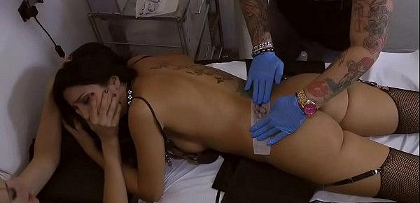  Hot busty babe gangbanged in tattoo shop